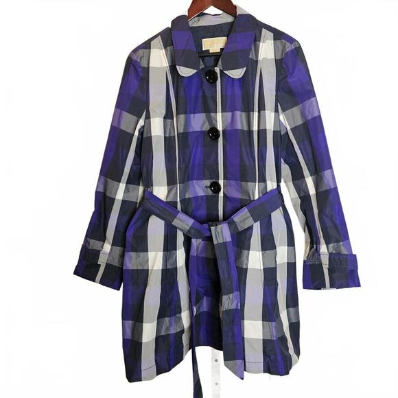 Michael Kors Checkered Trench Coat in Purple and Gray - Picture 1 of 6